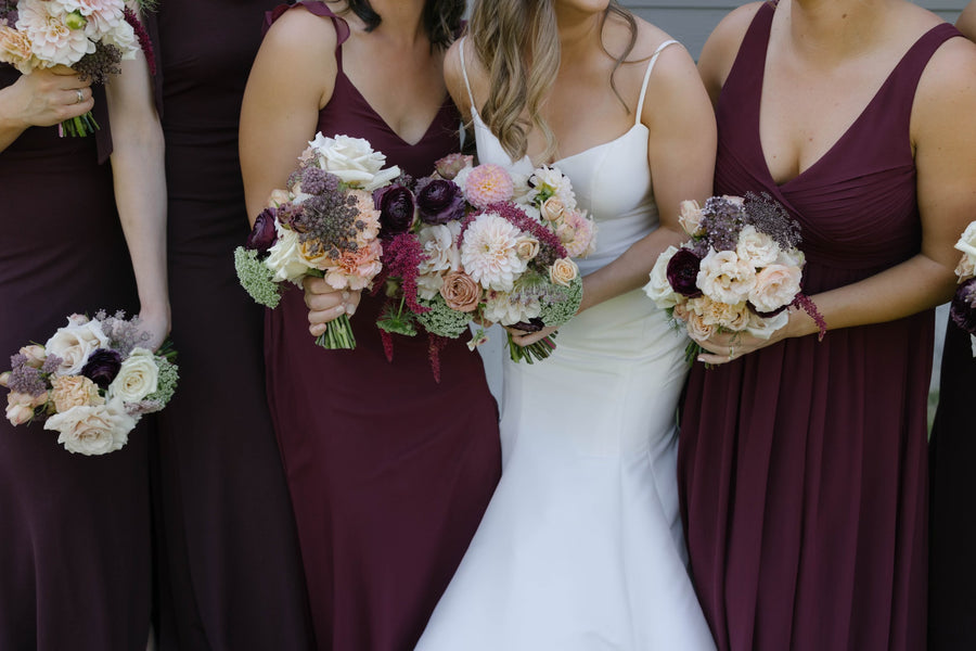 Burgundy and blush wedding flowers by Daisies in May bridal florist in Spokane, Washington