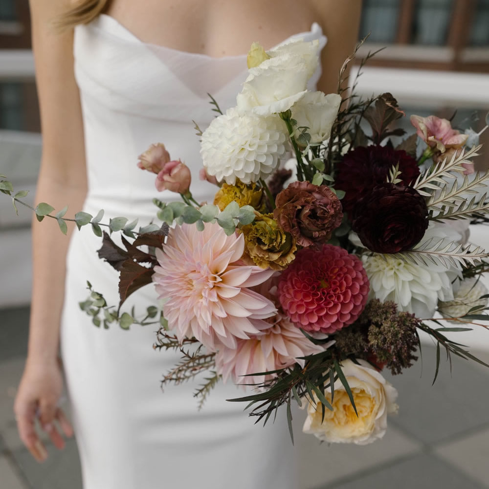 Fall Bridal Bouquet of Dahlias, Lisianthus & Garden Roses