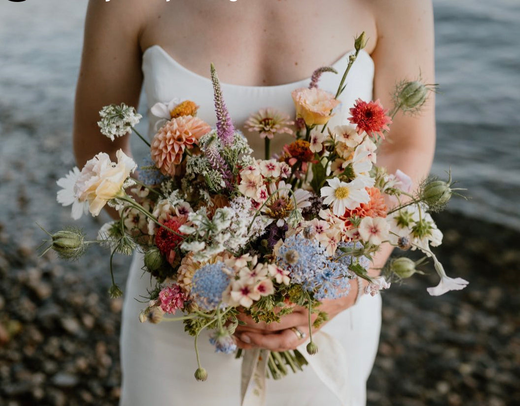 Farm-fresh wedding bouquet by Daisies in May Flower Farm