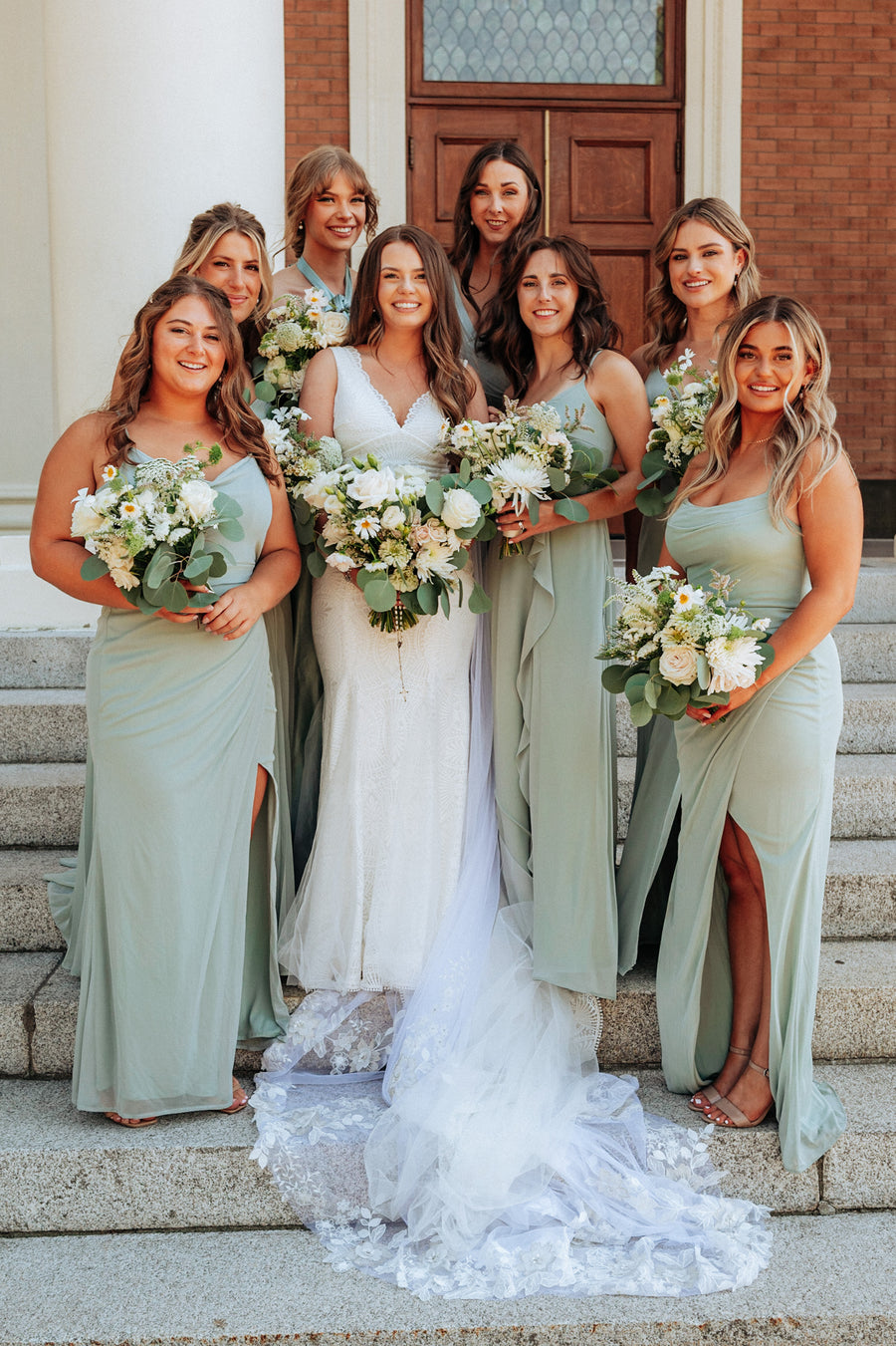 Sage green themed wedding with white floral and eucalyptus wedding bouquets by Daisies in May wedding florists in Spokane, WA